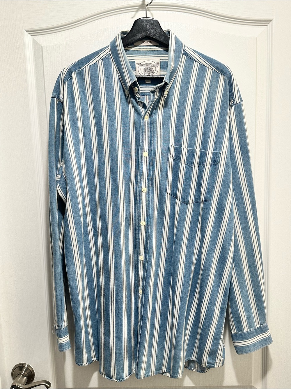 Classic 100% Cotton John Ashford Sport Blue Striped Button-Up Shirt, Size Large